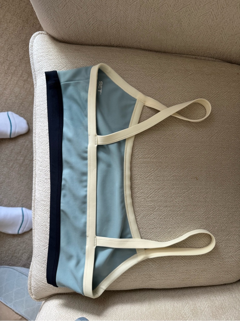 SET Active Light Blue & Cream Sports Bra with Navy Band - Picture 2 of 3